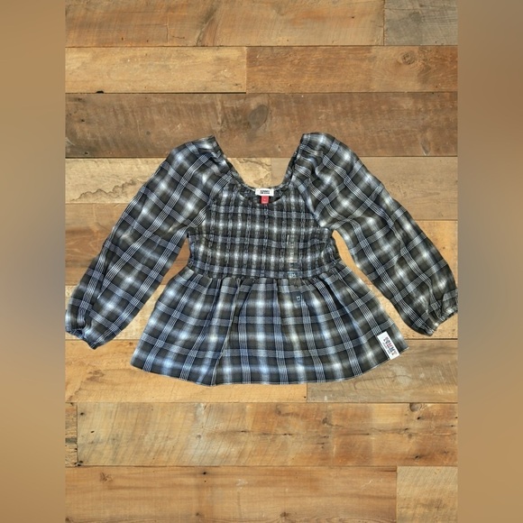 Tommy Jeans Womens Size Medium Plaid Peplum Smocked Top •Scoop Neck Long Sleeves - Picture 9 of 16